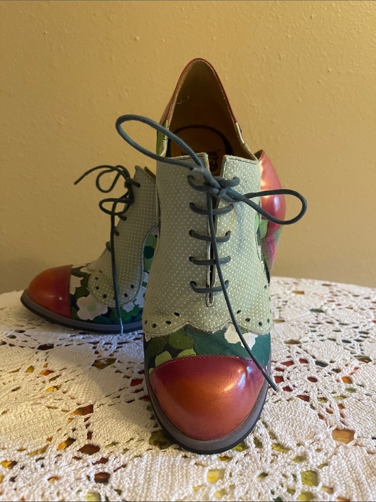 John Fluevog Shoes - John Fluevog Multicolor Floral Lace-Up Heels with Red Metallic Toe